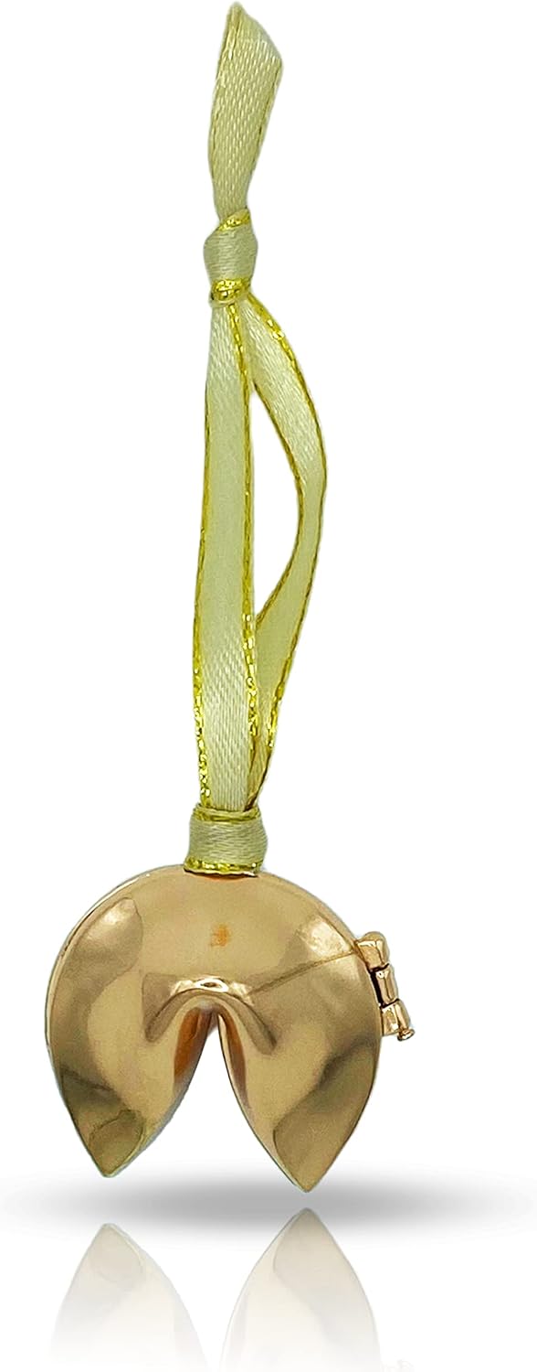 Gold Fortune Cookie Christmas Hanging Locket Metal Ornament - Magnet Closure Keepsake - Trinket Box - Holiday Ornament
