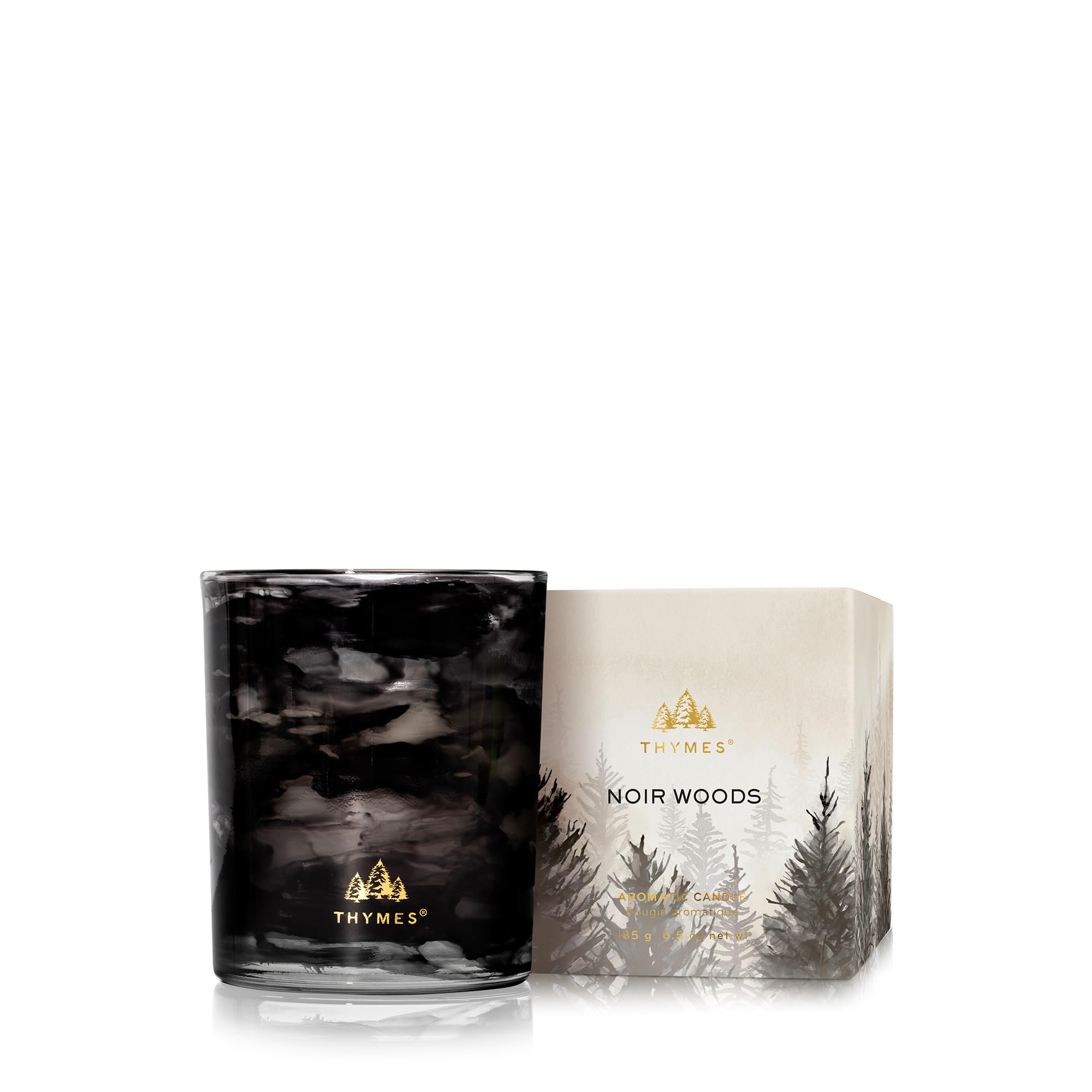 Thymes Noir Woods Scented Candles for Home Decor – Notes of Fresh Evergreen, Smoky Wood & Golden Amber – Luxury Home Fragrance Gifts for Women & Men – Burns Up to 38 Hrs (Large 3 Wick Candle, 18 oz)