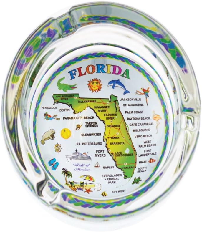 Ashtray Glass Florida Souvenir Gifts Ash Tray for Cigarette, Cigar, Ashes Holder, Florida State Map Gifts for Men & Women, Smoker Gifts (Florida)