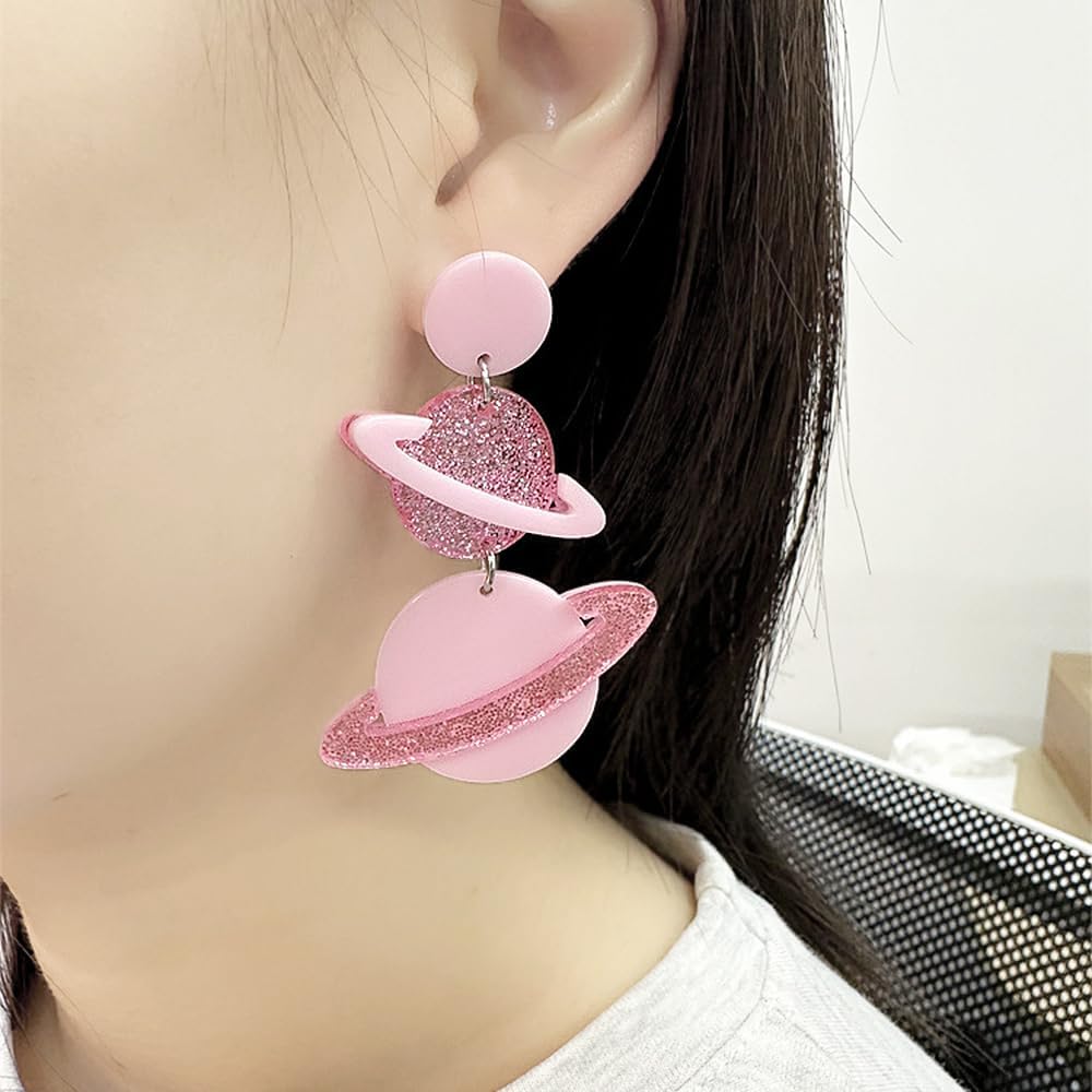 Exaggerated Acrylic UFO Dangle Earrings for Women Girls Funny Cute Big Blue Spaceship Aliens Moon Star Celestial Drop Dangling Hook Stud Lightweight Y2K Earring Fashion Weird Aerospace Theme Gifts Souvenirs