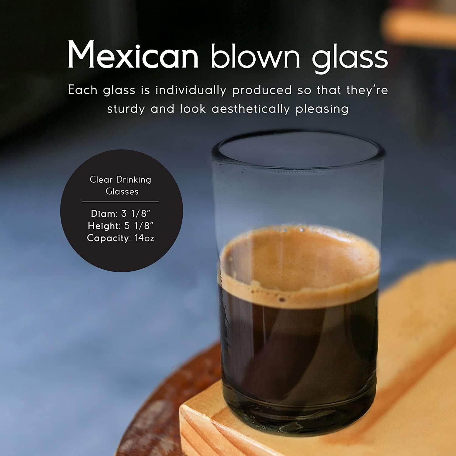 Clear 14 oz Drinking Glasses (set of 6), Hand Blown Mexican Glassware, Recycled Glass Drinking Glasses, Lead-Free, Cocktail Margarita Glasses, Wine Glasses, Shot Glasses, Whiskey Glasses (Drinking)