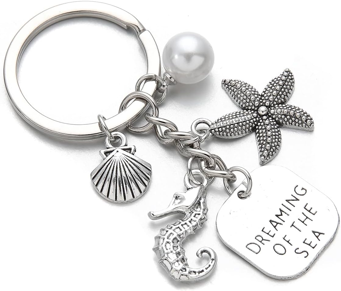 PHAETON 20PCS Ocean Theme Keychain with Starfish, Seahorse, Shell Charms and Pearl, Dreaming of The Sea Charm Seashell Pendant Keychain