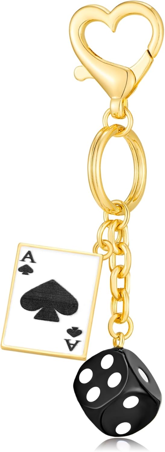 YUJIE Funky Poker Keychain Stylish 14k Gold Plated Hearts Spades A Ace Playing Cards Casino Accessory for Keys Bags