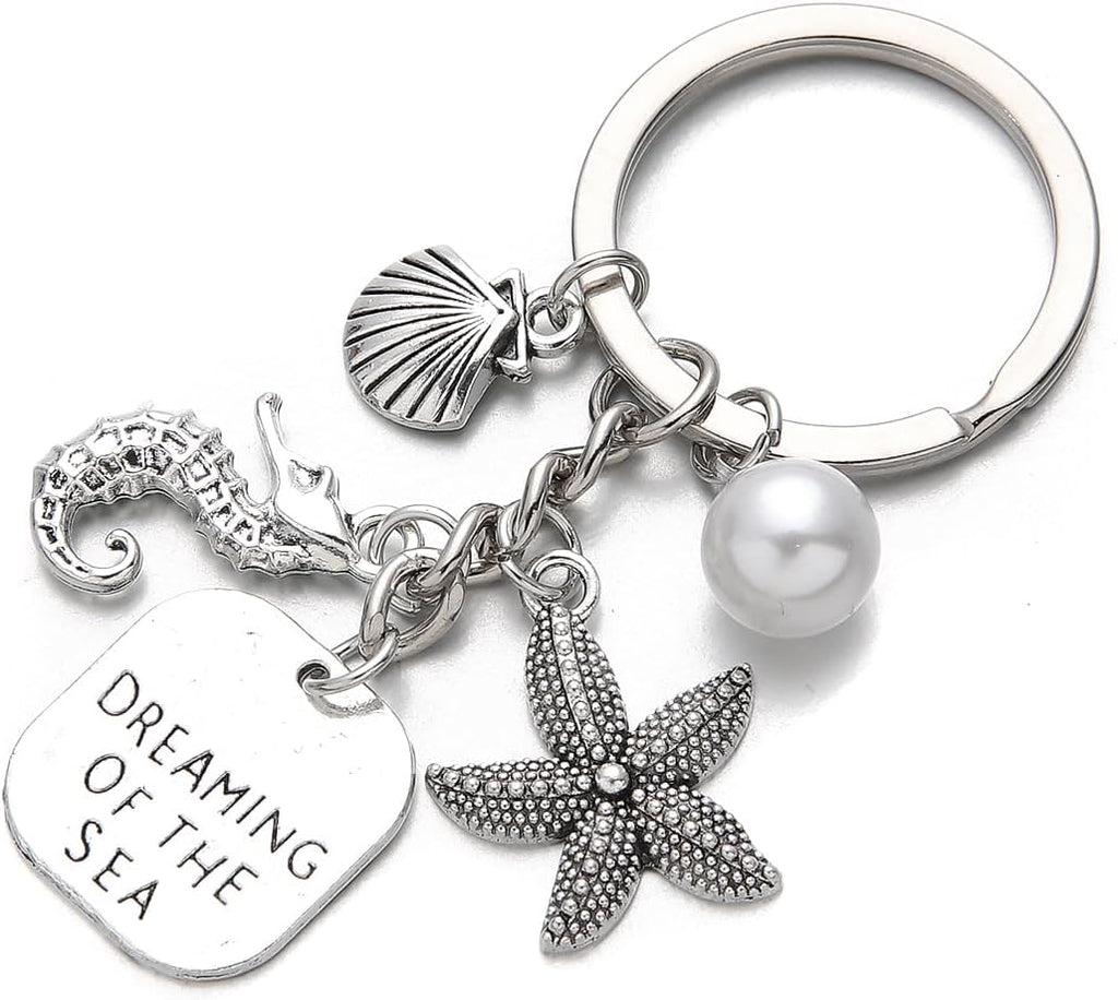 PHAETON 20PCS Ocean Theme Keychain with Starfish, Seahorse, Shell Charms and Pearl, Dreaming of The Sea Charm Seashell Pendant Keychain