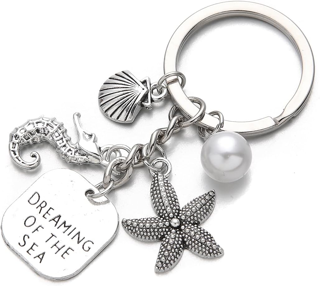 PHAETON 20PCS Ocean Theme Keychain with Starfish, Seahorse, Shell Charms and Pearl, Dreaming of The Sea Charm Seashell Pendant Keychain