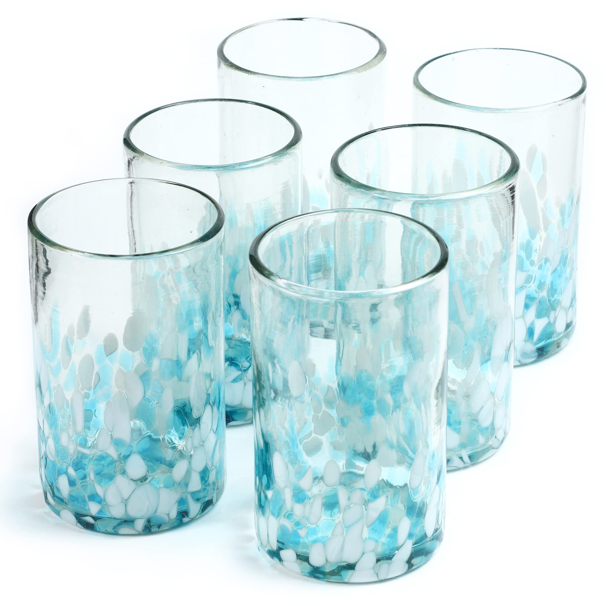 15 oz Hand Blown Mexican Drinking Glasses - Set of 6 tumblers, 15 fl oz each, Blue Confetti