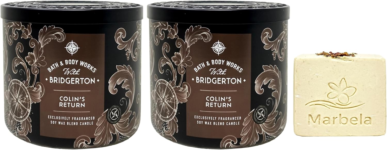 Bath & Body Works Bridgerton - Colin's Return 2 Piece 3-Wick Scented Candle Set with a Creamy Rose Bar Soap