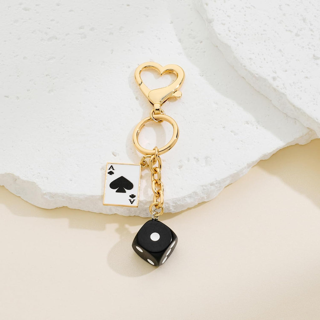 YUJIE Funky Poker Keychain Stylish 14k Gold Plated Hearts Spades A Ace Playing Cards Casino Accessory for Keys Bags