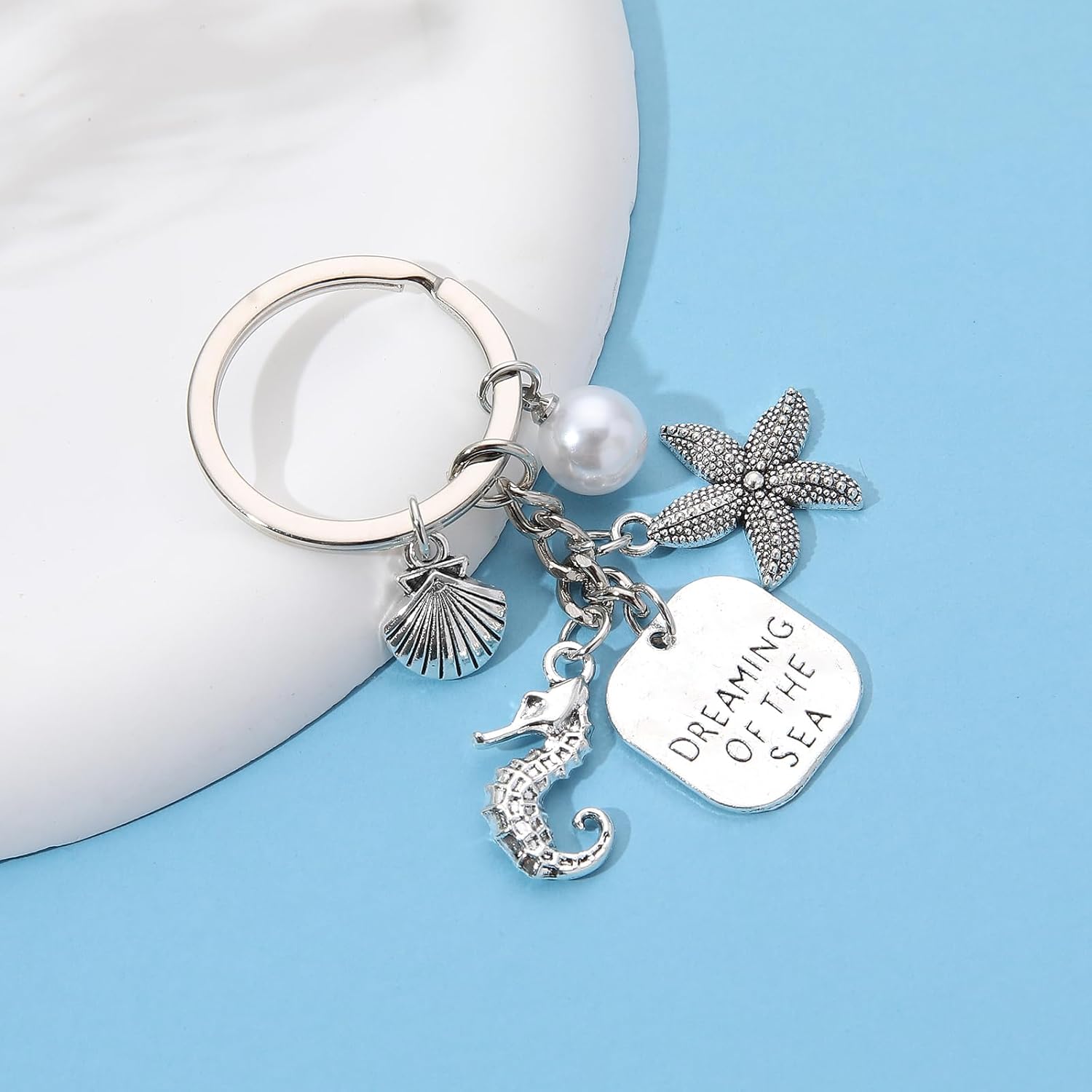 PHAETON 20PCS Ocean Theme Keychain with Starfish, Seahorse, Shell Charms and Pearl, Dreaming of The Sea Charm Seashell Pendant Keychain