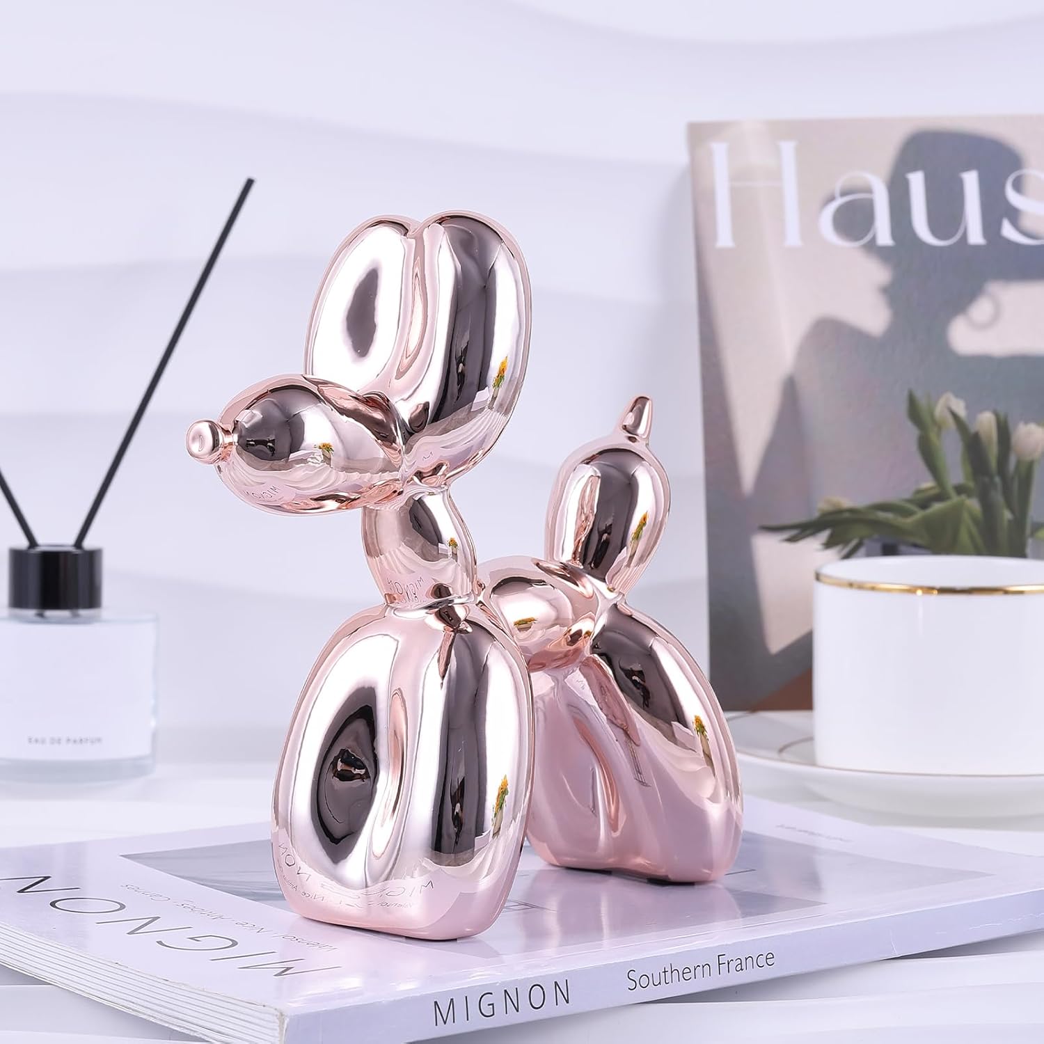 balloon dog sculpture modern home decor Collectible Figurines funky statues for bedroom trendy Animal living room decor Art resin decoration office standing deskdecor (11.8*11.8*4.7inch, pink)