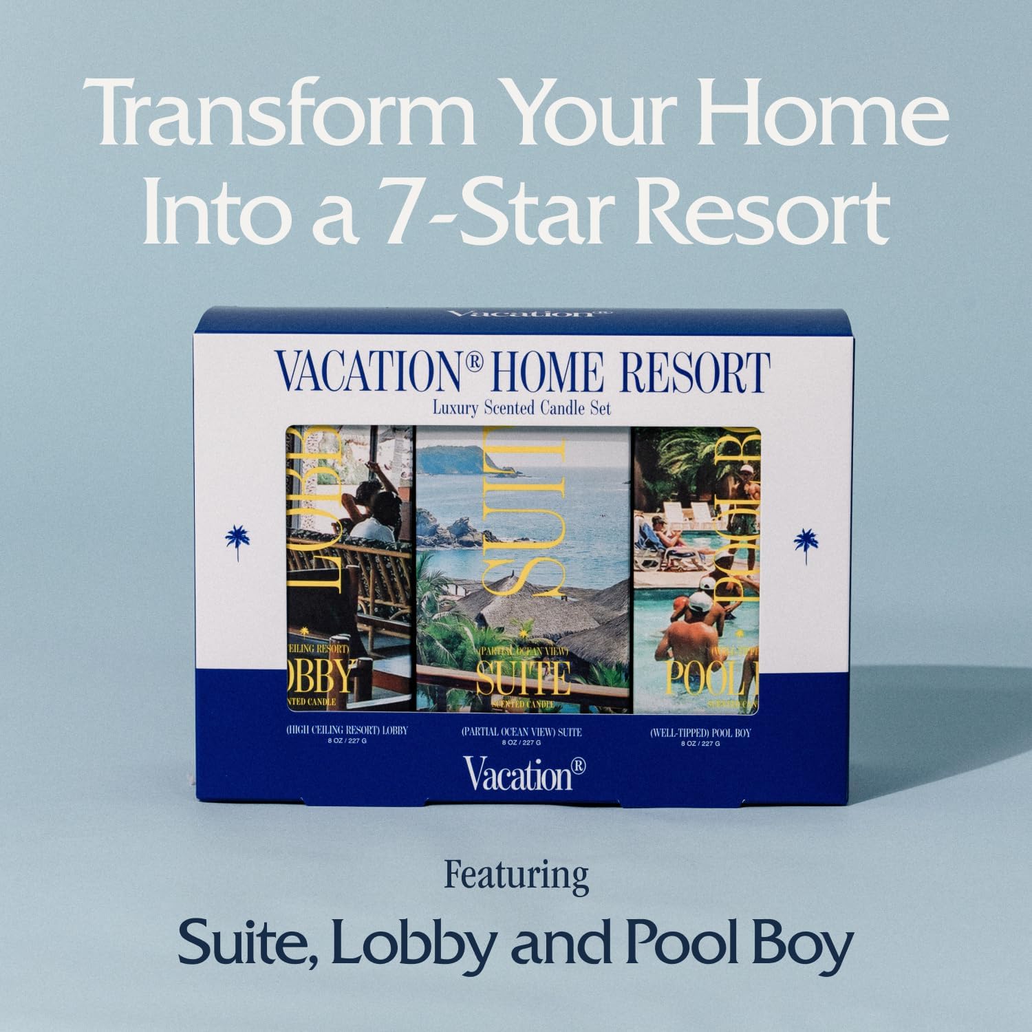 Vacation Sunscreen Home Resort Scented Candle Set, Premium Soy Blend Wax, 85-Hour Long Burning, Luxury Gift Set for Women & Men, 8 Oz. Each (Pack of 3)