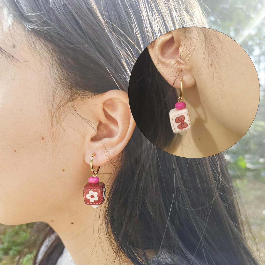 Red/White Square Grid Drop Handmade Earrings for Women, Funky Ethnic Earrings for Women, Dangling Kawaii Aesthetic Drop Dangle Earrings, Hypoallergenic Jewelry Birthday Gifts Party for Women
