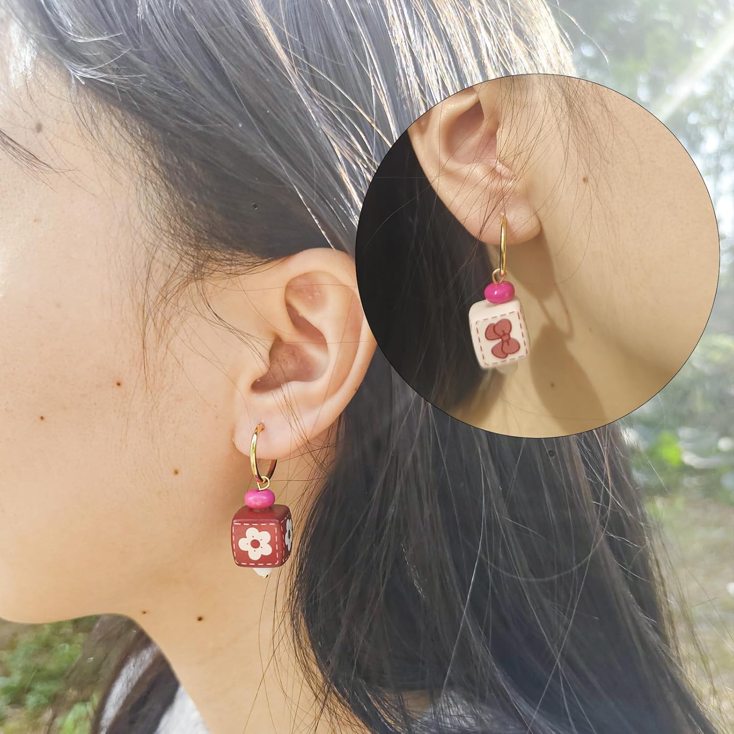 Red/White Square Grid Drop Handmade Earrings for Women, Funky Ethnic Earrings for Women, Dangling Kawaii Aesthetic Drop Dangle Earrings, Hypoallergenic Jewelry Birthday Gifts Party for Women