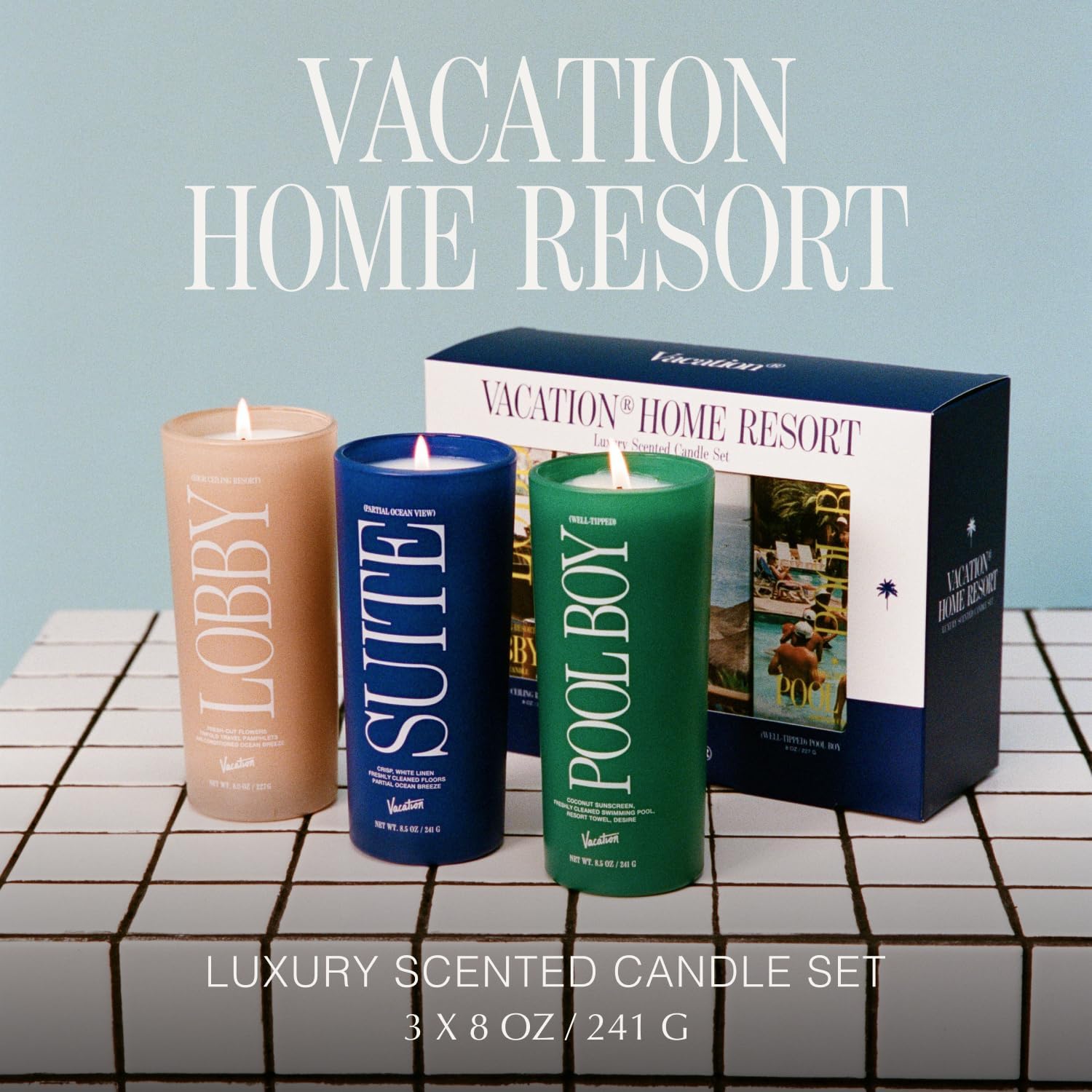 Vacation Sunscreen Home Resort Scented Candle Set, Premium Soy Blend Wax, 85-Hour Long Burning, Luxury Gift Set for Women & Men, 8 Oz. Each (Pack of 3)