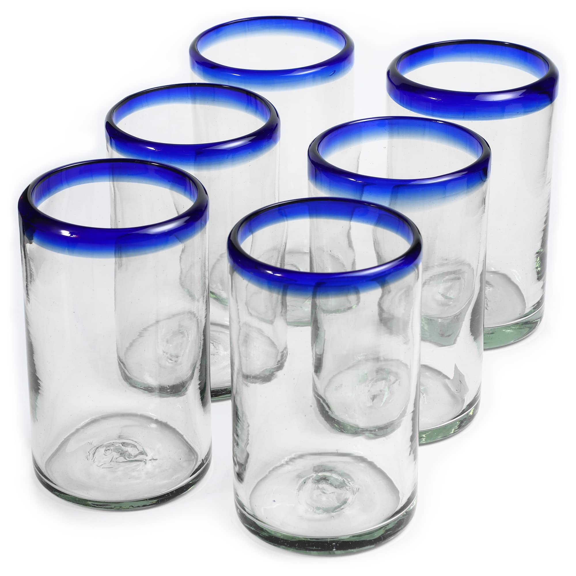 15 oz Hand Blown Mexican Drinking Glasses - Set of 6 tumblers, 15 fl oz each, Blue Confetti