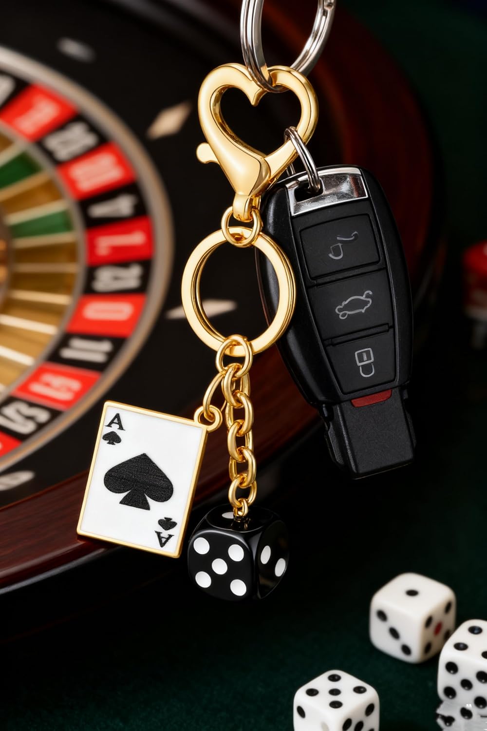 YUJIE Funky Poker Keychain Stylish 14k Gold Plated Hearts Spades A Ace Playing Cards Casino Accessory for Keys Bags