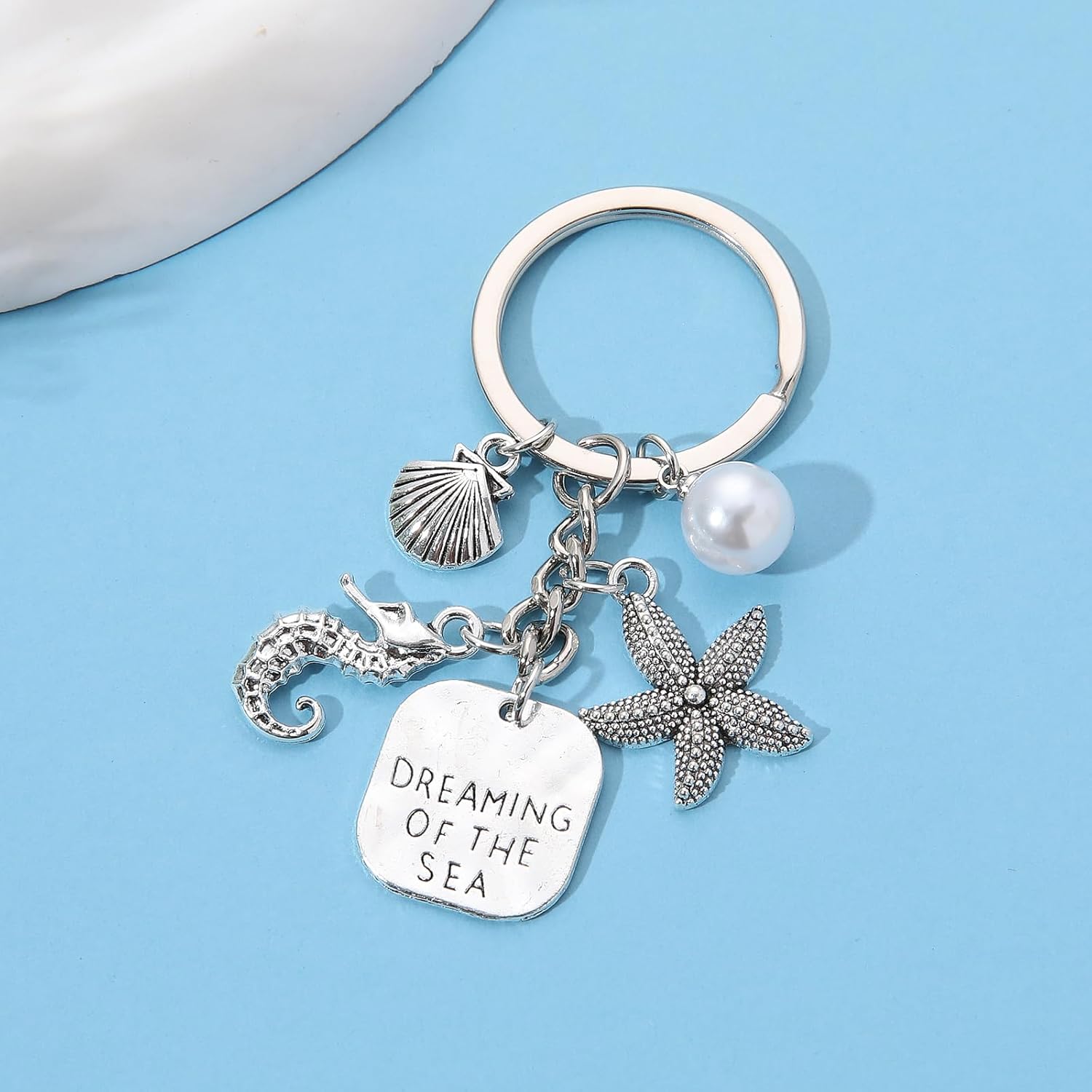 PHAETON 20PCS Ocean Theme Keychain with Starfish, Seahorse, Shell Charms and Pearl, Dreaming of The Sea Charm Seashell Pendant Keychain