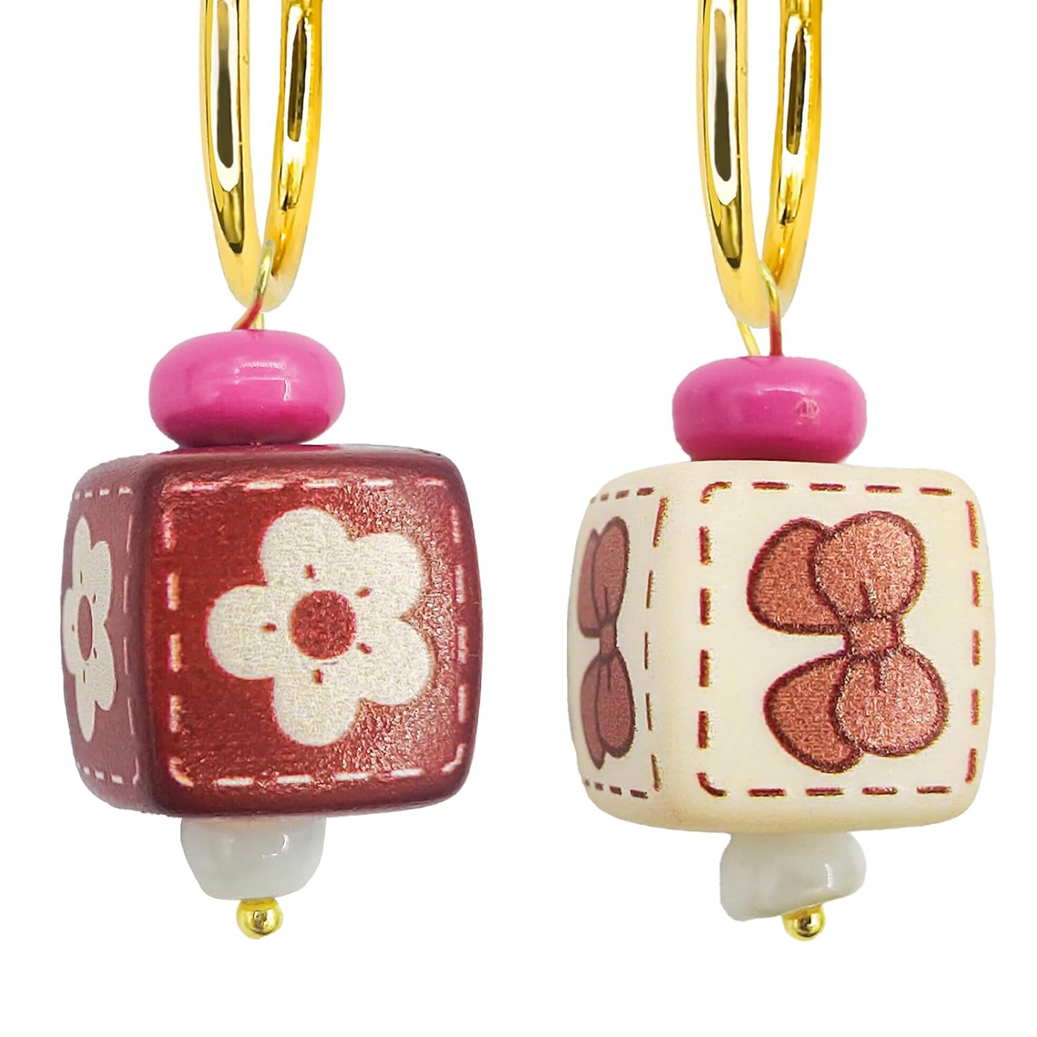 Red/White Square Grid Drop Handmade Earrings for Women, Funky Ethnic Earrings for Women, Dangling Kawaii Aesthetic Drop Dangle Earrings, Hypoallergenic Jewelry Birthday Gifts Party for Women