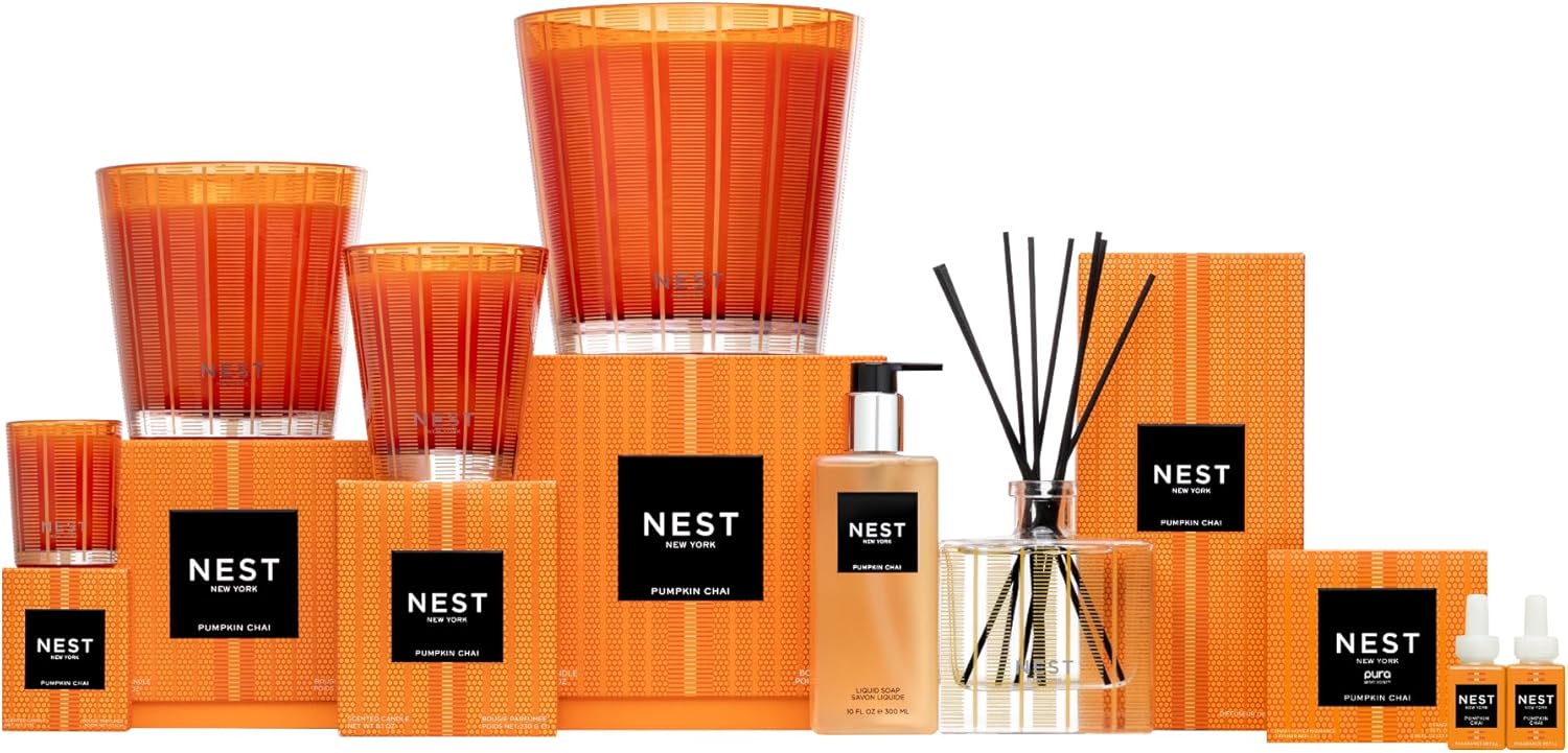 NEST New York Scented 3-Wick Candle, Pumpkin Chai - 21.2 oz - Up to 100-Hour Burn Time - Reusable Glass Vessel