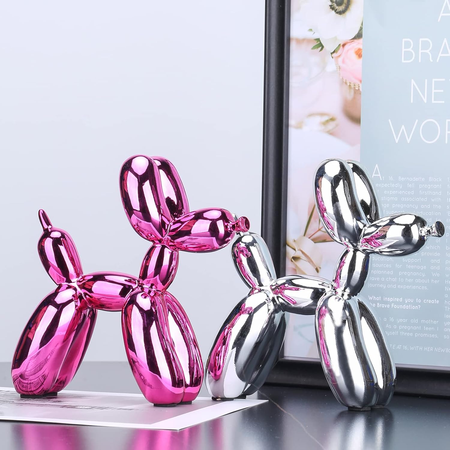 balloon dog sculpture modern home decor Collectible Figurines funky statues for bedroom trendy Animal living room decor Art resin decoration office standing deskdecor (11.8*11.8*4.7inch, pink)