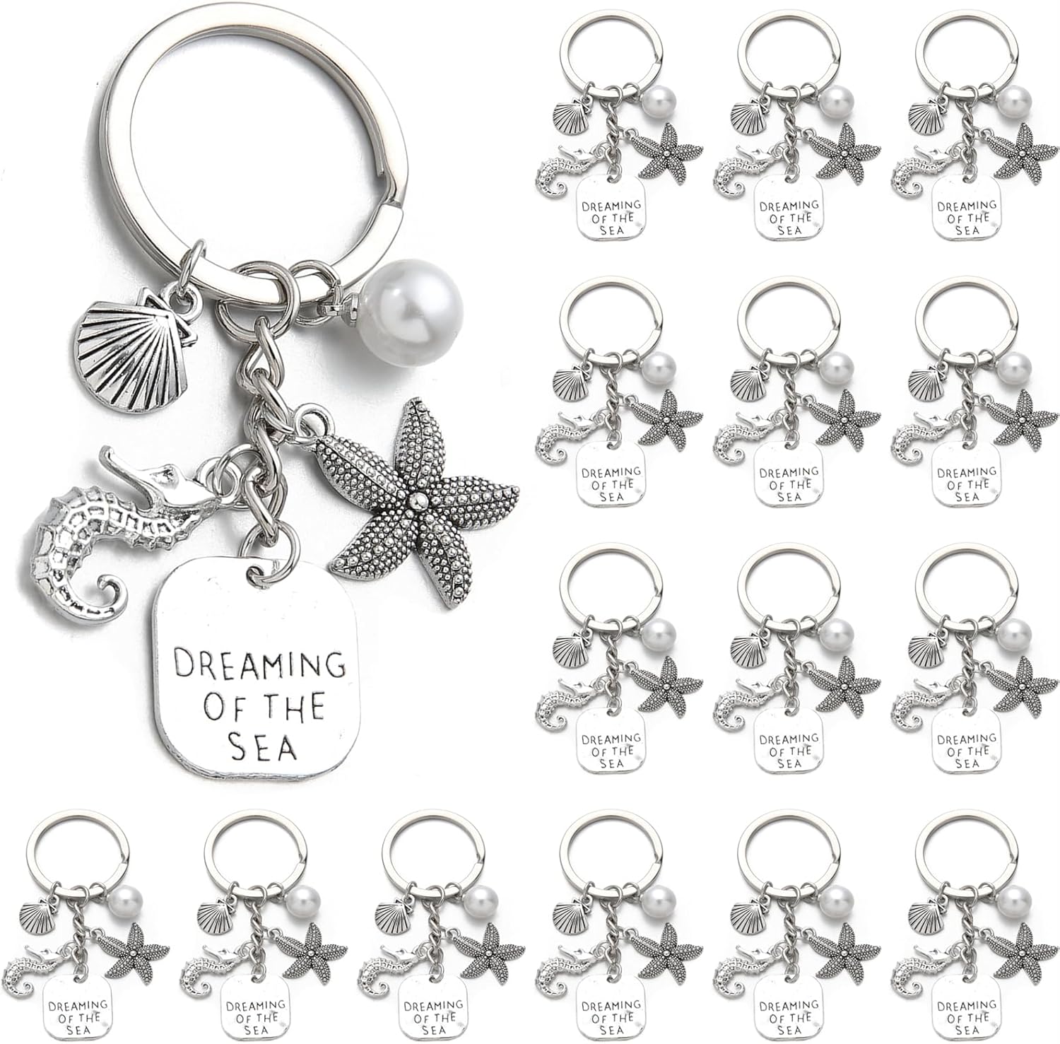 PHAETON 20PCS Ocean Theme Keychain with Starfish, Seahorse, Shell Charms and Pearl, Dreaming of The Sea Charm Seashell Pendant Keychain