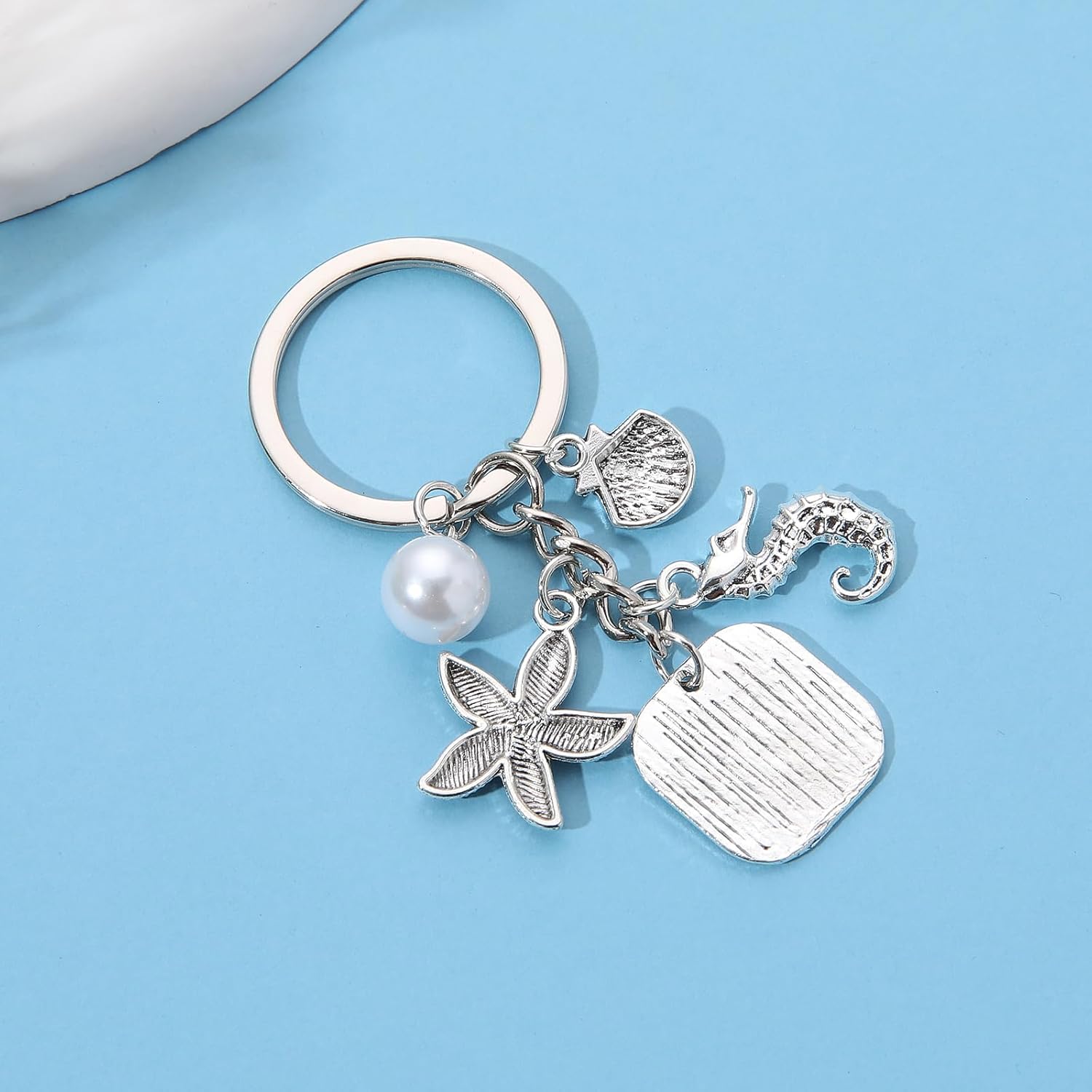 PHAETON 20PCS Ocean Theme Keychain with Starfish, Seahorse, Shell Charms and Pearl, Dreaming of The Sea Charm Seashell Pendant Keychain