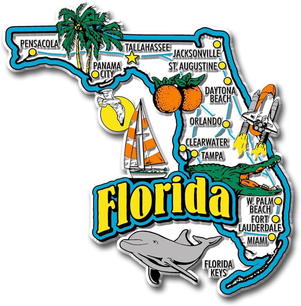 Florida Jumbo State Magnet by Classic Magnets, 4" x 4", Collectible 3D Rubber Vintage-Style Souvenirs and Gifts Made in The USA