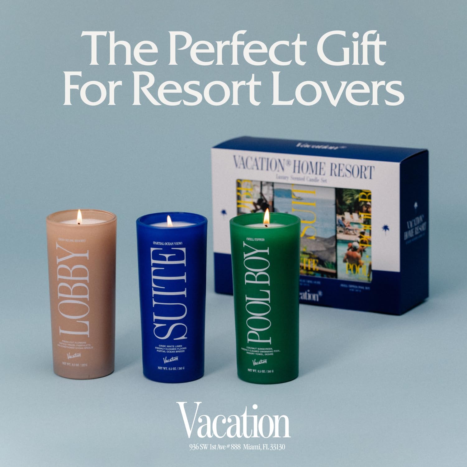 Vacation Sunscreen Home Resort Scented Candle Set, Premium Soy Blend Wax, 85-Hour Long Burning, Luxury Gift Set for Women & Men, 8 Oz. Each (Pack of 3)