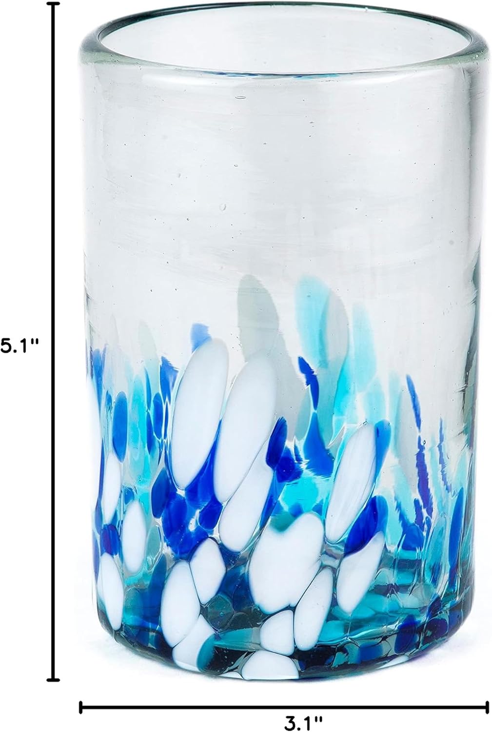 15 oz Hand Blown Mexican Drinking Glasses - Set of 6 tumblers, 15 fl oz each, Blue Confetti