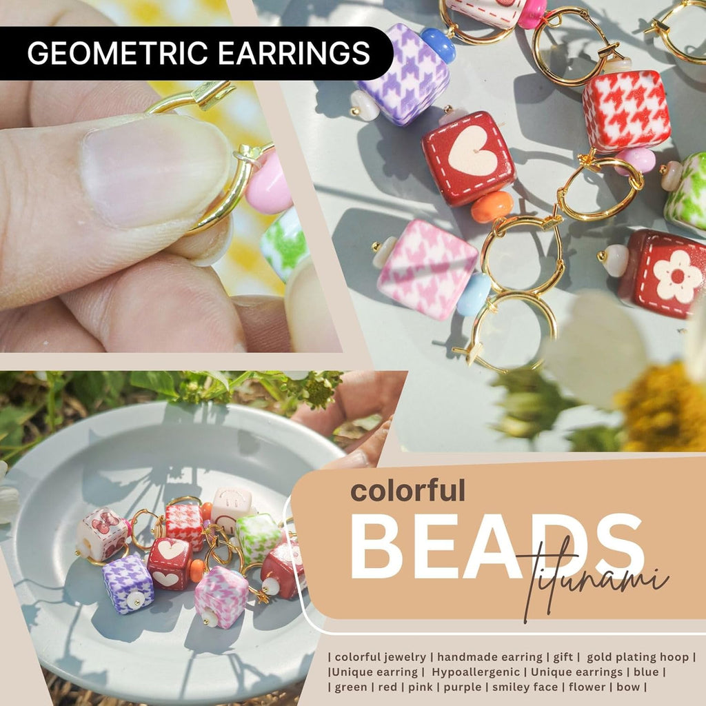 Red/White Square Grid Drop Handmade Earrings for Women, Funky Ethnic Earrings for Women, Dangling Kawaii Aesthetic Drop Dangle Earrings, Hypoallergenic Jewelry Birthday Gifts Party for Women