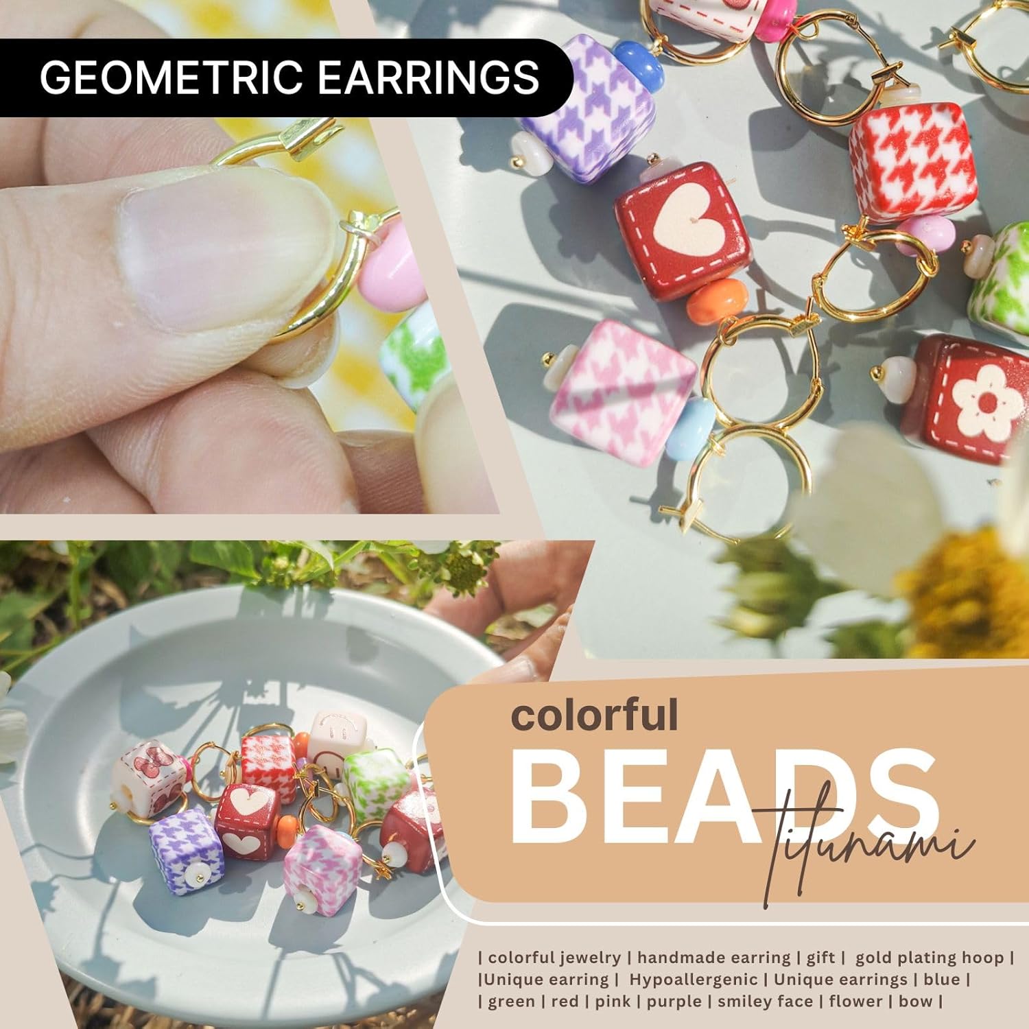 Red/White Square Grid Drop Handmade Earrings for Women, Funky Ethnic Earrings for Women, Dangling Kawaii Aesthetic Drop Dangle Earrings, Hypoallergenic Jewelry Birthday Gifts Party for Women