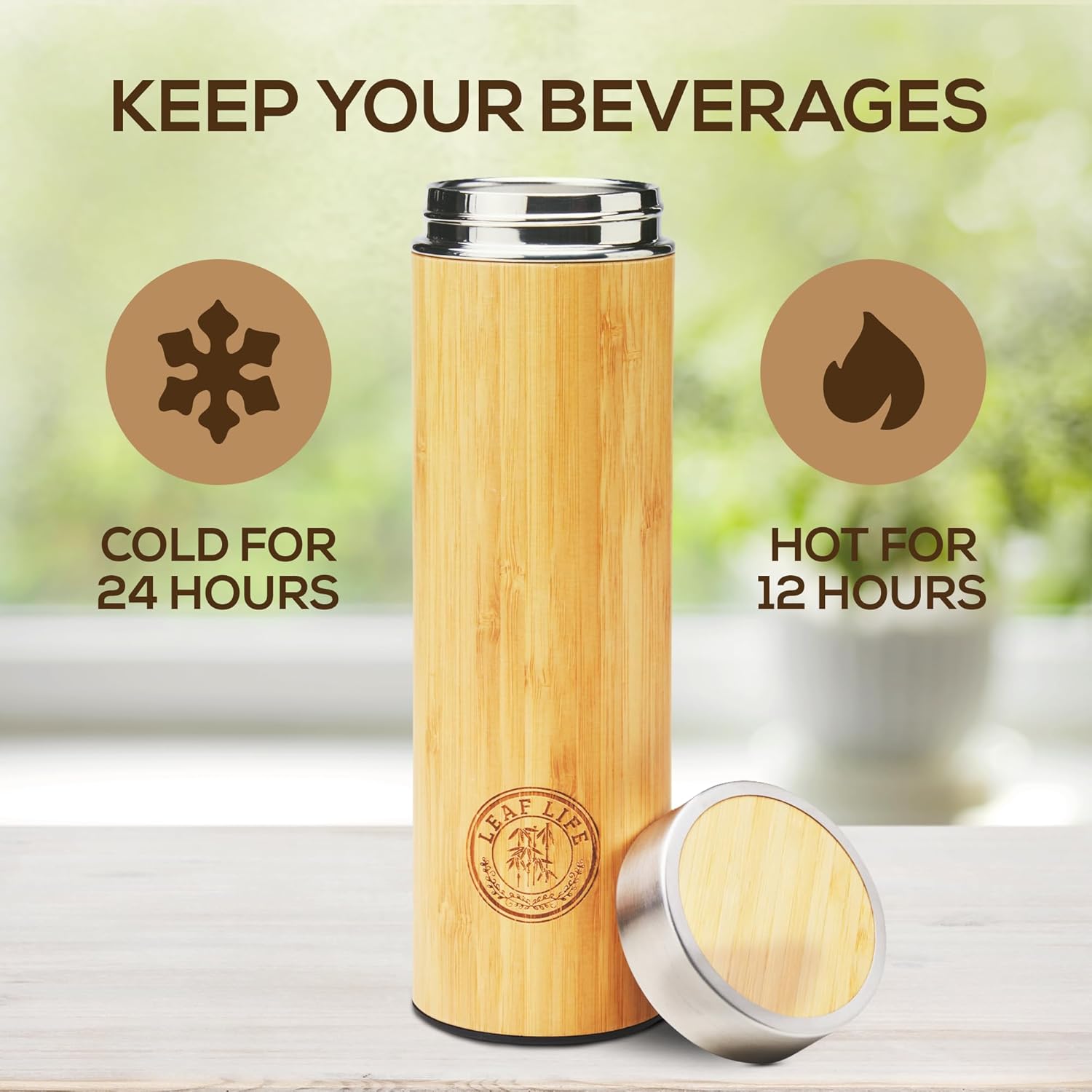 LeafLife Premium Bamboo Tea Bottle for Loose Tea - Tea Infuser Bottle - Tea Gifts - Insulated Water Bottle/Coffee Tumbler/Tea - Tea Gift Set, Tea Accessories - Tea Tumbler 17oz
