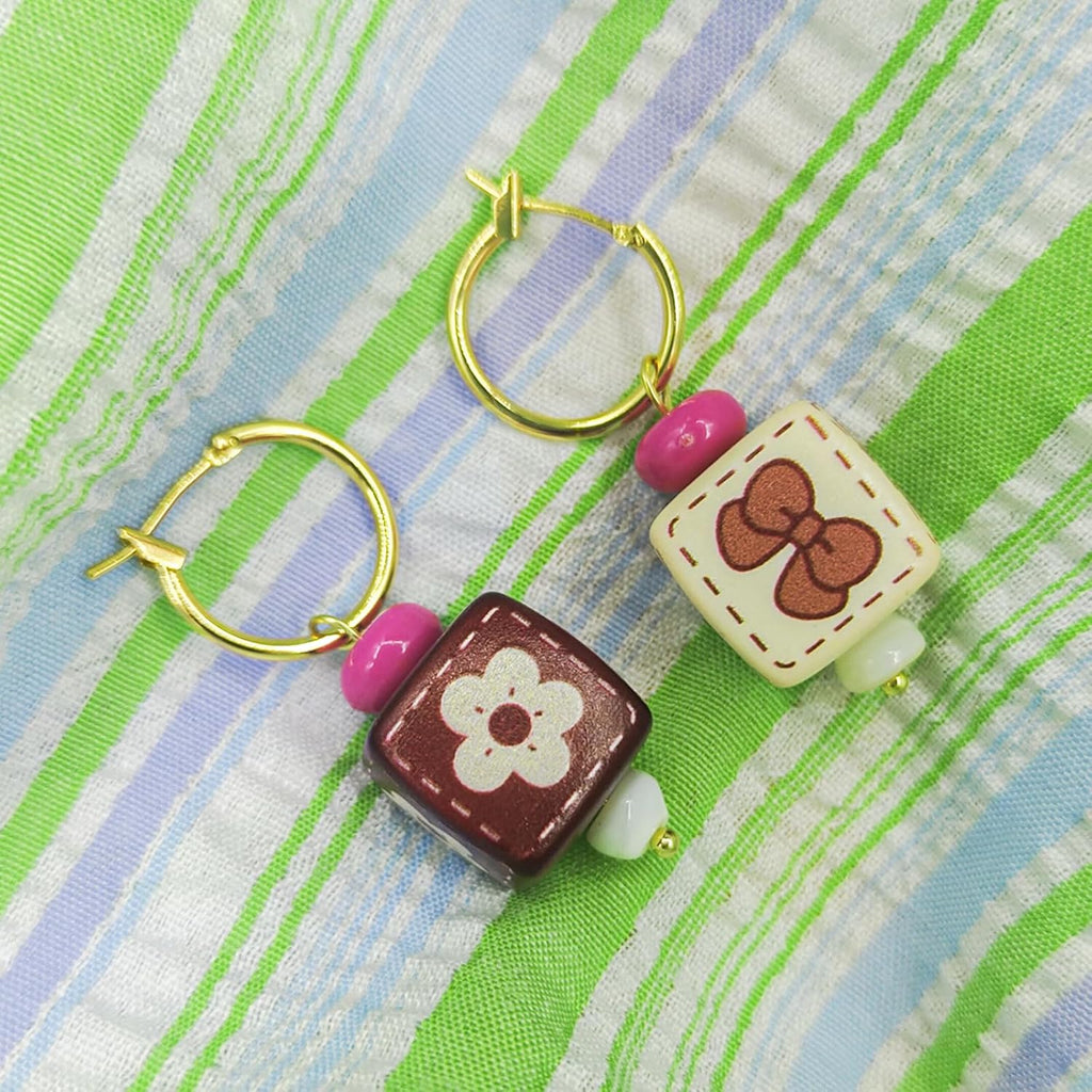 Red/White Square Grid Drop Handmade Earrings for Women, Funky Ethnic Earrings for Women, Dangling Kawaii Aesthetic Drop Dangle Earrings, Hypoallergenic Jewelry Birthday Gifts Party for Women