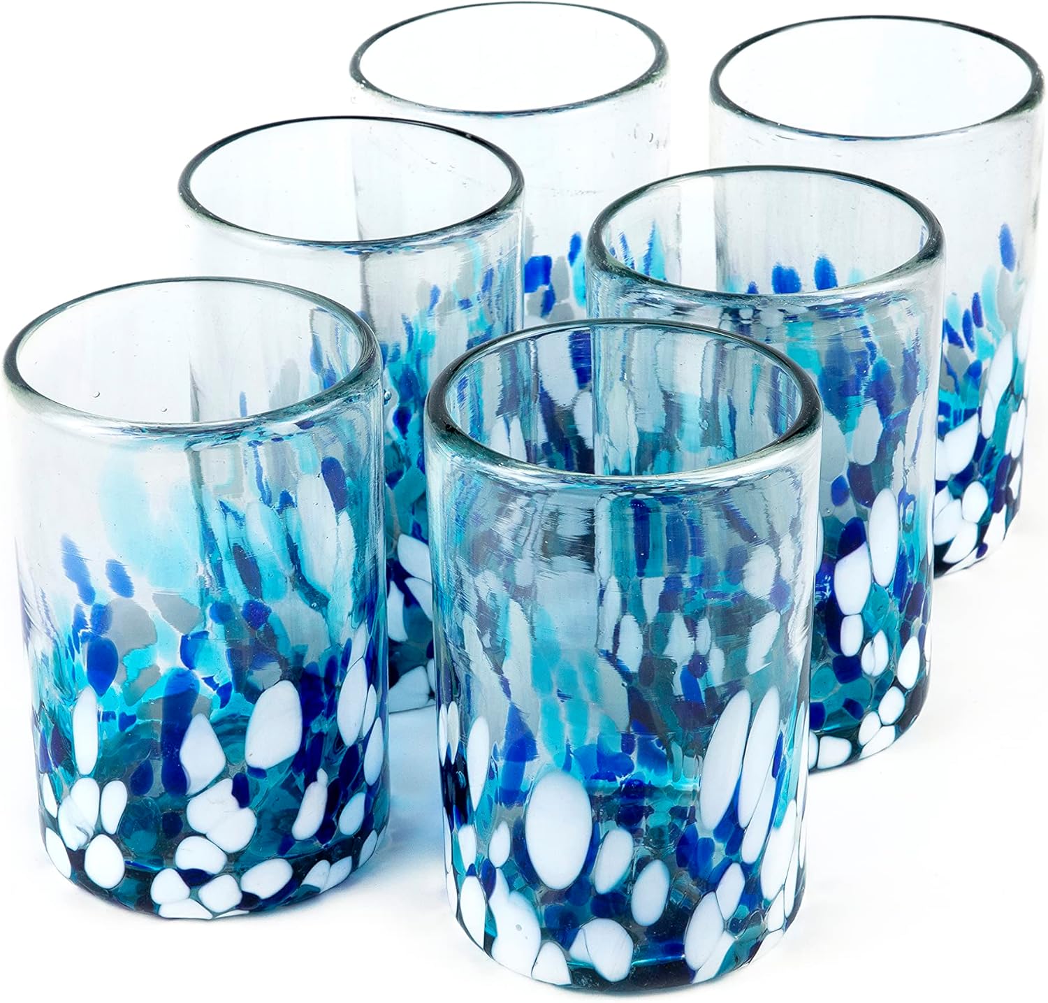 15 oz Hand Blown Mexican Drinking Glasses - Set of 6 tumblers, 15 fl oz each, Blue Confetti