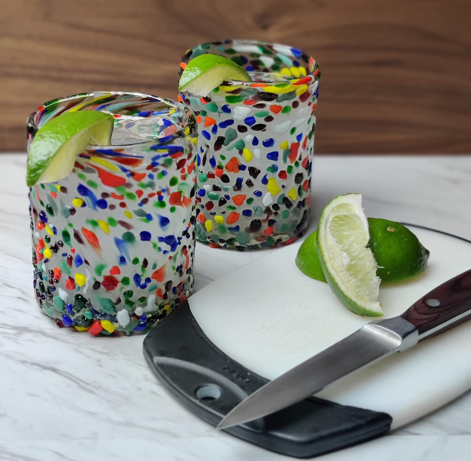 Hand Blown Mexican Drinking Glasses – Set of 6 Confetti Rock Tumbler Glasses (10 oz each)
