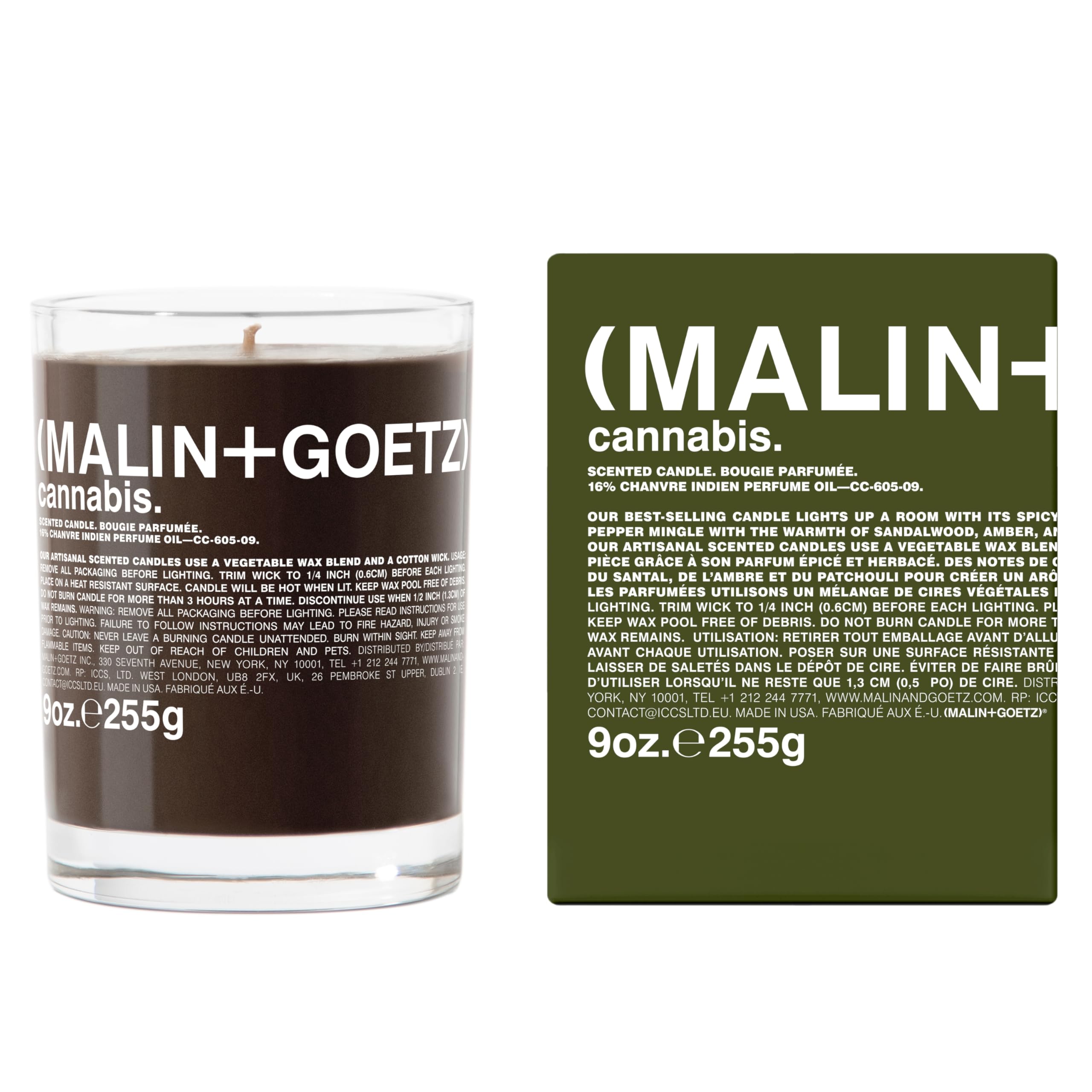 MALIN+GOETZ 9oz Scented Candle | Hand-Poured Soy Wax with Unique Fragrance Blends | Clean-Burning, Vegan & Cruelty-Free | Bergamot, Sage, Otto, Tomato, Strawberry, Cannabis, Dark Rum & Leather
