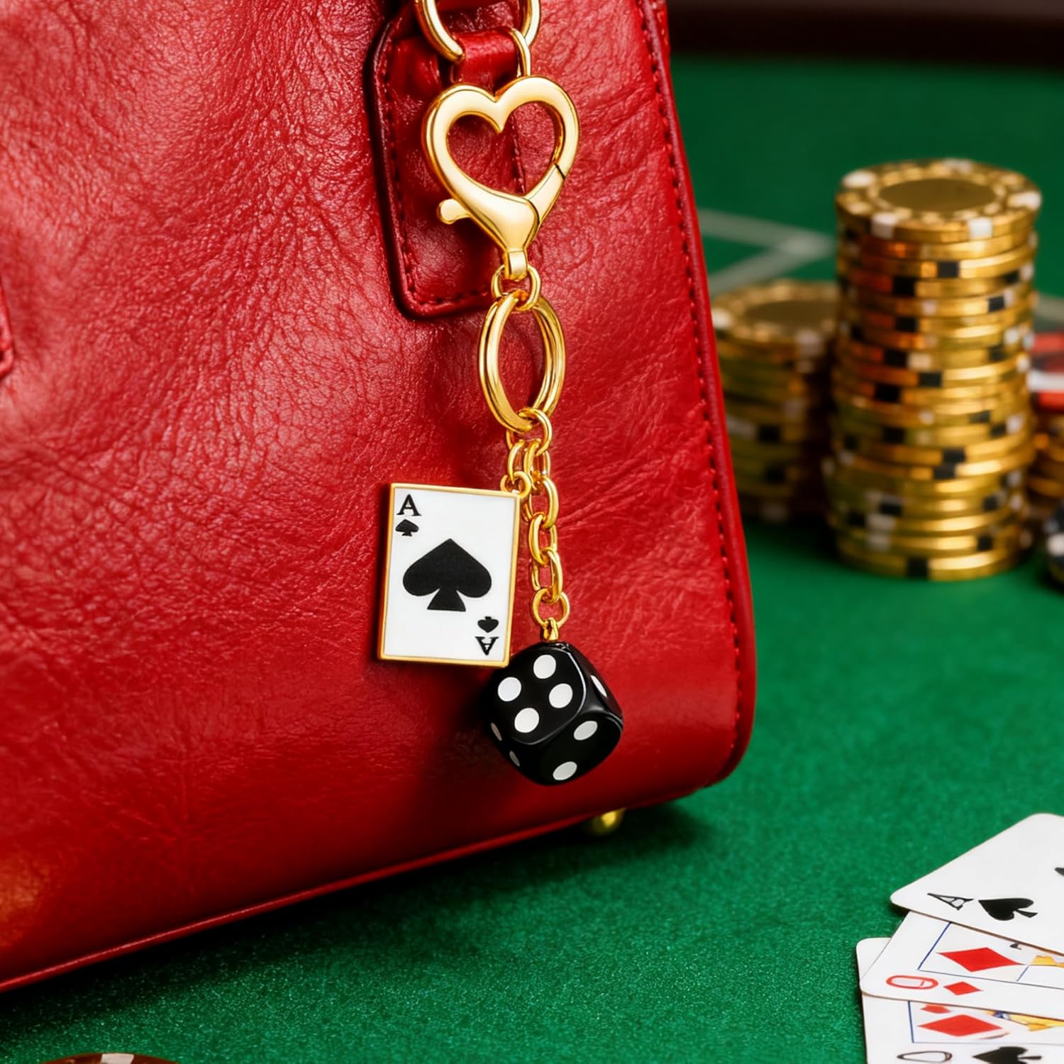 YUJIE Funky Poker Keychain Stylish 14k Gold Plated Hearts Spades A Ace Playing Cards Casino Accessory for Keys Bags