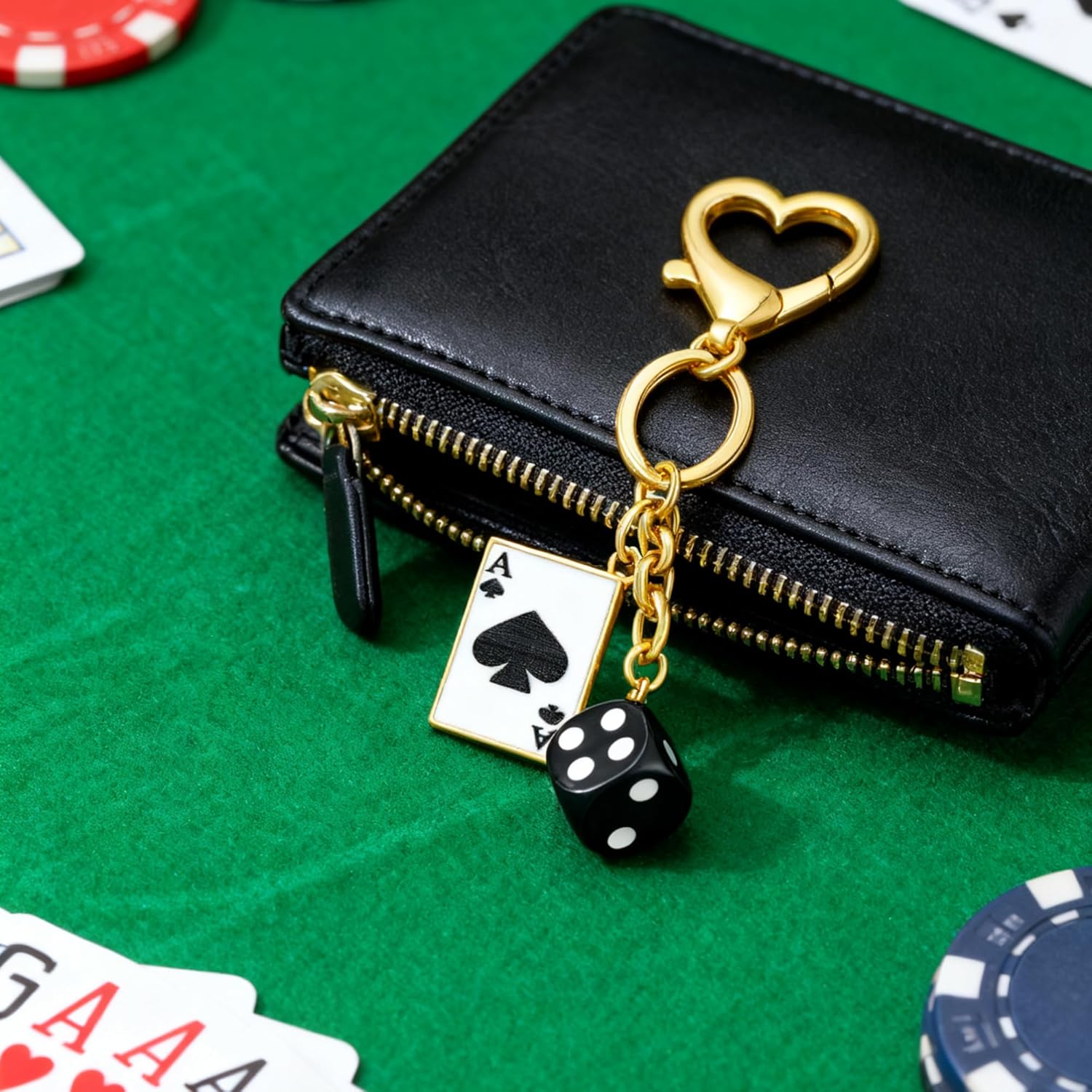 YUJIE Funky Poker Keychain Stylish 14k Gold Plated Hearts Spades A Ace Playing Cards Casino Accessory for Keys Bags