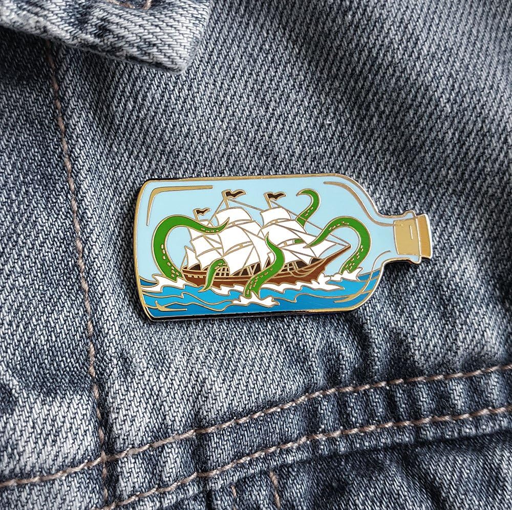 Pinsanity Ship In A Bottle Attacked by Sea Monster Enamel Lapel Pin