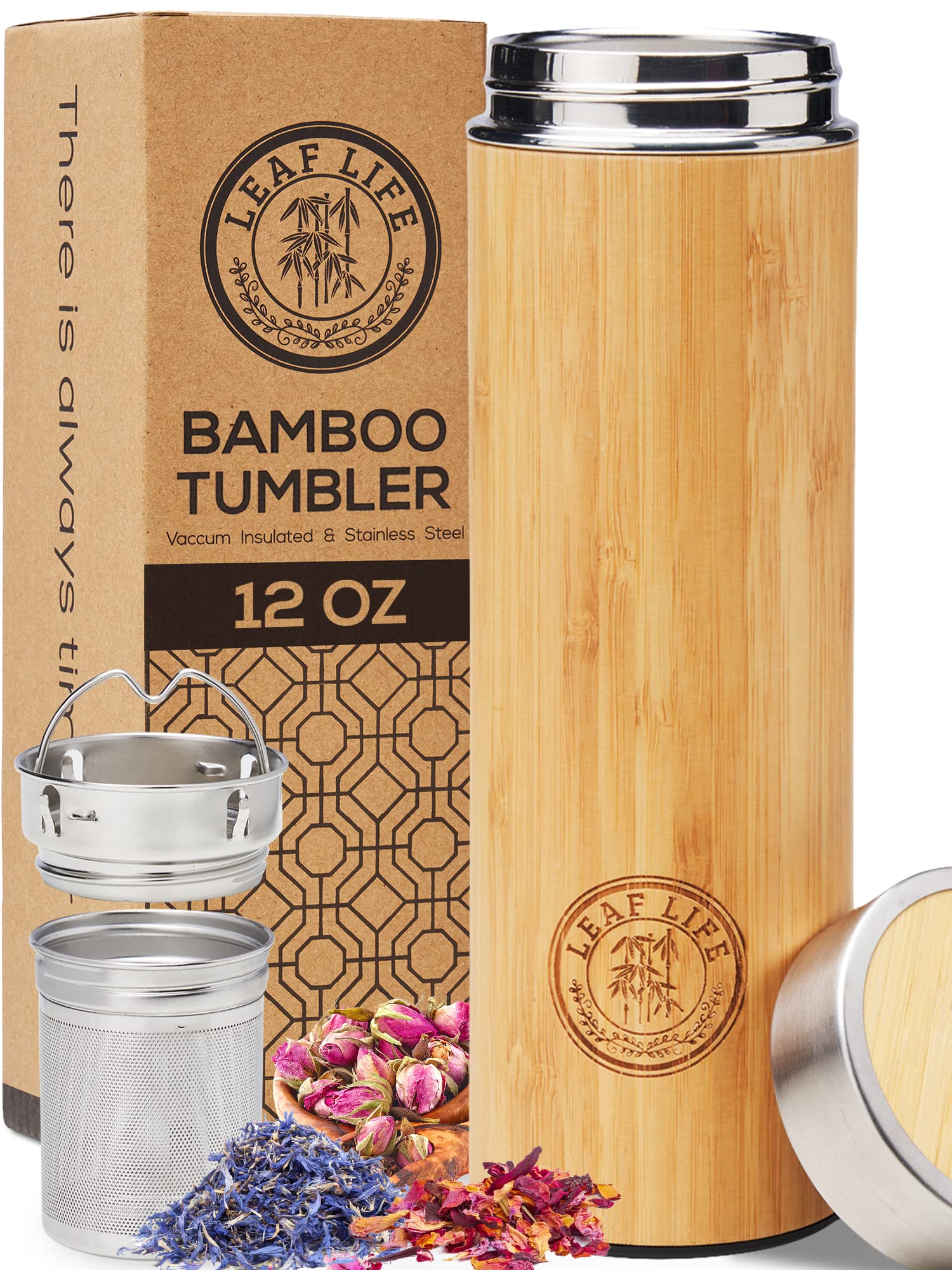 LeafLife Premium Bamboo Tea Bottle for Loose Tea - Tea Infuser Bottle - Tea Gifts - Insulated Water Bottle/Coffee Tumbler/Tea - Tea Gift Set, Tea Accessories - Tea Tumbler 17oz
