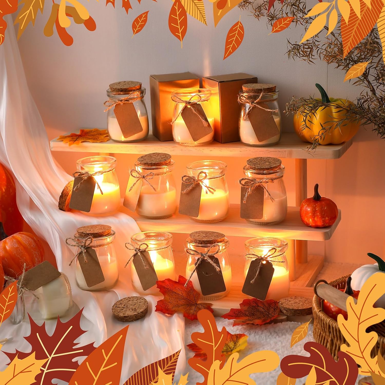 MTLEE 50 Pcs Fall Jar Candles Holiday Candle Gifts Natural Wax Jar with DIY Tag Cards Gift for Halloween Party Favor Home Supply Decor, Scents of Pumpkin