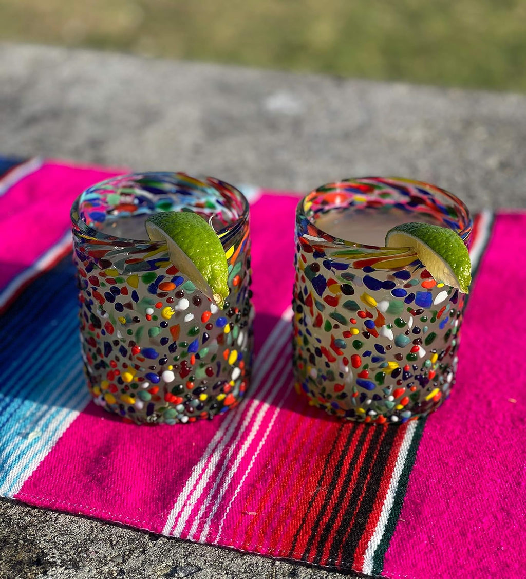 Hand Blown Mexican Drinking Glasses – Set of 6 Confetti Rock Tumbler Glasses (10 oz each)