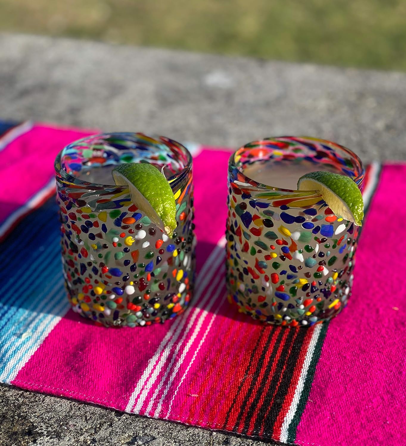 Hand Blown Mexican Drinking Glasses – Set of 6 Confetti Rock Tumbler Glasses (10 oz each)