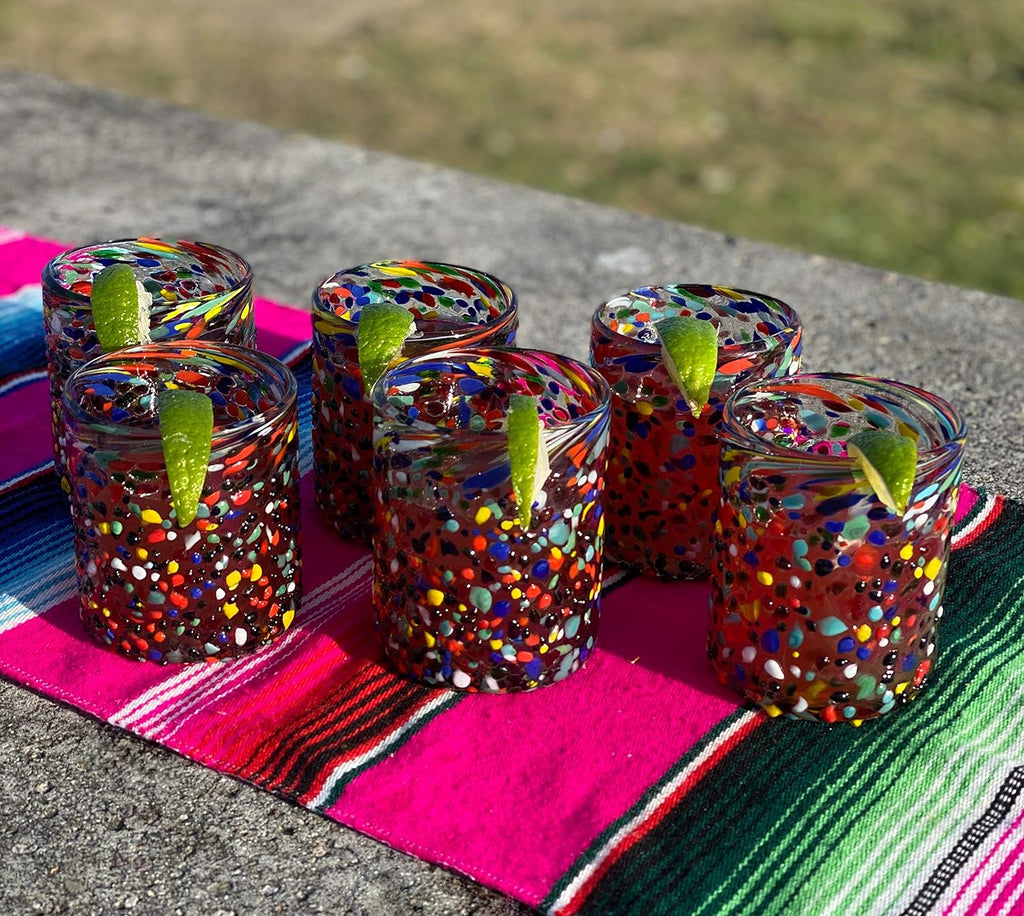 Hand Blown Mexican Drinking Glasses – Set of 6 Confetti Rock Tumbler Glasses (10 oz each)