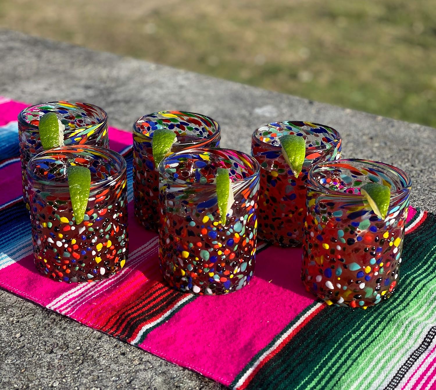 Hand Blown Mexican Drinking Glasses – Set of 6 Confetti Rock Tumbler Glasses (10 oz each)