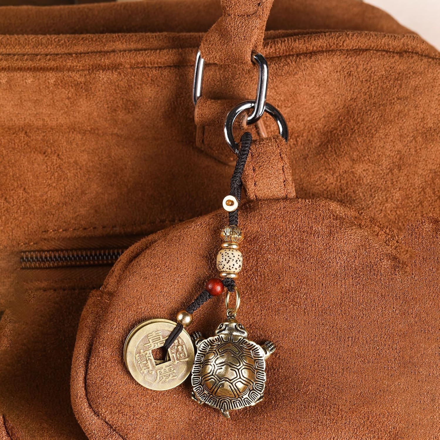 Vintage Brass Turtle Keychain for Men Lucky Sea Turtle Gift for Women Tortoise Statue with Lucky Coins