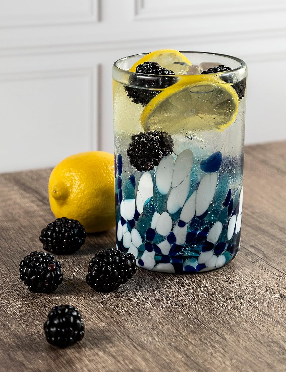 15 oz Hand Blown Mexican Drinking Glasses - Set of 6 tumblers, 15 fl oz each, Blue Confetti