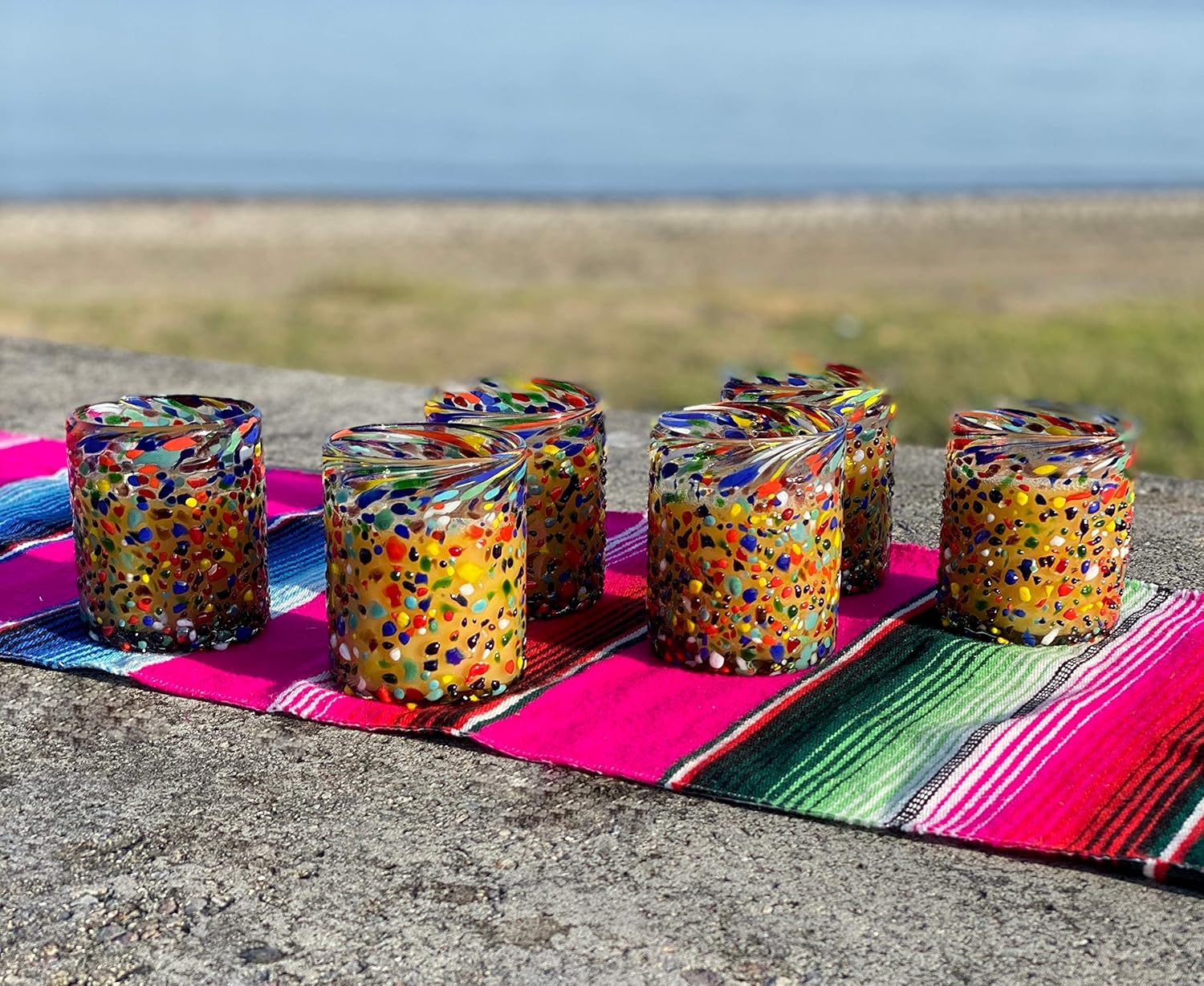 Hand Blown Mexican Drinking Glasses – Set of 6 Confetti Rock Tumbler Glasses (10 oz each)